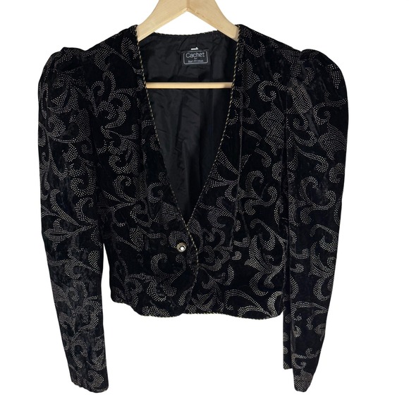 Cachet by Bari Protas Jackets & Blazers - Vintage Cachet Bari Protas Black Velvet Bead Puff Sleeve Bolero Jacket 80s Sz S